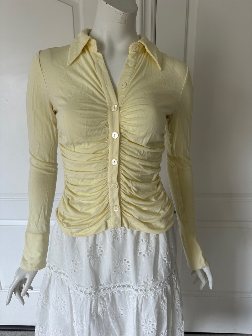 Song of Style Pale Yellow Ruched Button-Front Shirt
